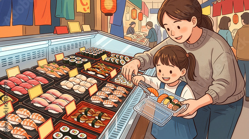 Plakat 活気ある日本の唐戸市場で新鮮な寿司を選ぶ母娘のイラスト