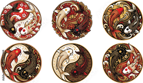 Six decorative yin yang koi fish vector designs representing balance and harmony in Japanese feng shui symbolism
