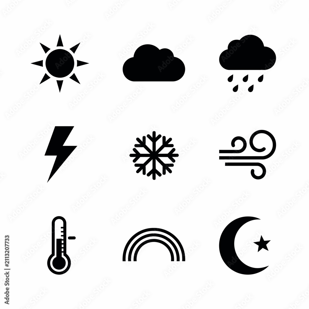Fototapeta premium Collection of weather icons including sun, clouds, and rain.