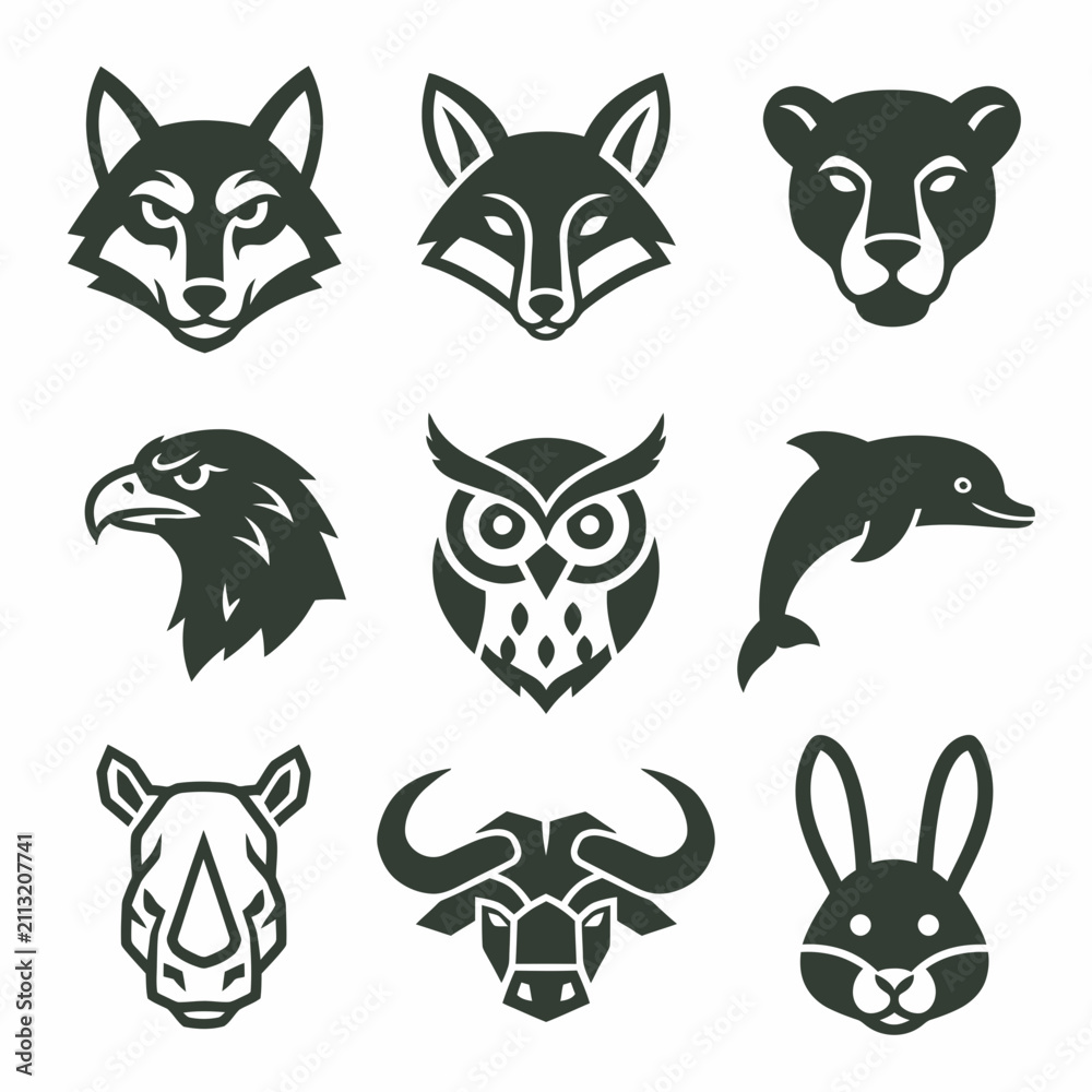 Fototapeta premium Collection of nine stylized animal icons in black and white.