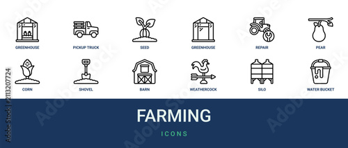 Foto Set of 12 outline web Farming icons such as water bucket, silo, weathercock, bar
