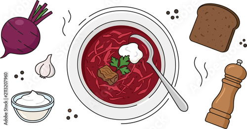 Quadro su tela Traditional red borscht soup vector set featuring beetroot bowl sour cream garli