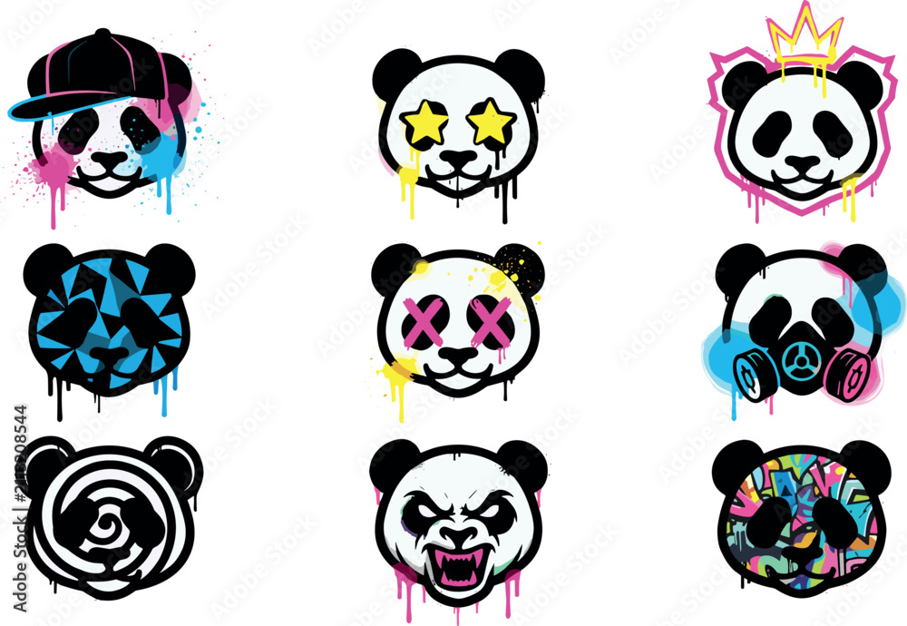 Obraz premium Colorful Graffiti Panda Bear Face Icon Set with Paint Drips