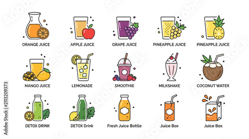 Foto Colorful Collection of Fresh Fruit Juice and Smoothie Illustrations