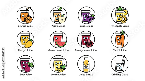 Фотография Colorful collection of fresh fruit juice illustrations.