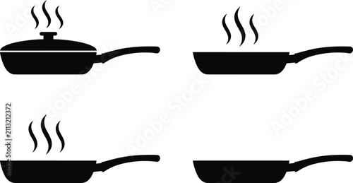 Cuadro en lienzo Frying pan cooking vector icon set featuring hot skillet kitchenware food preparation steam heat lid silhouette symbols for UI mobile app design
