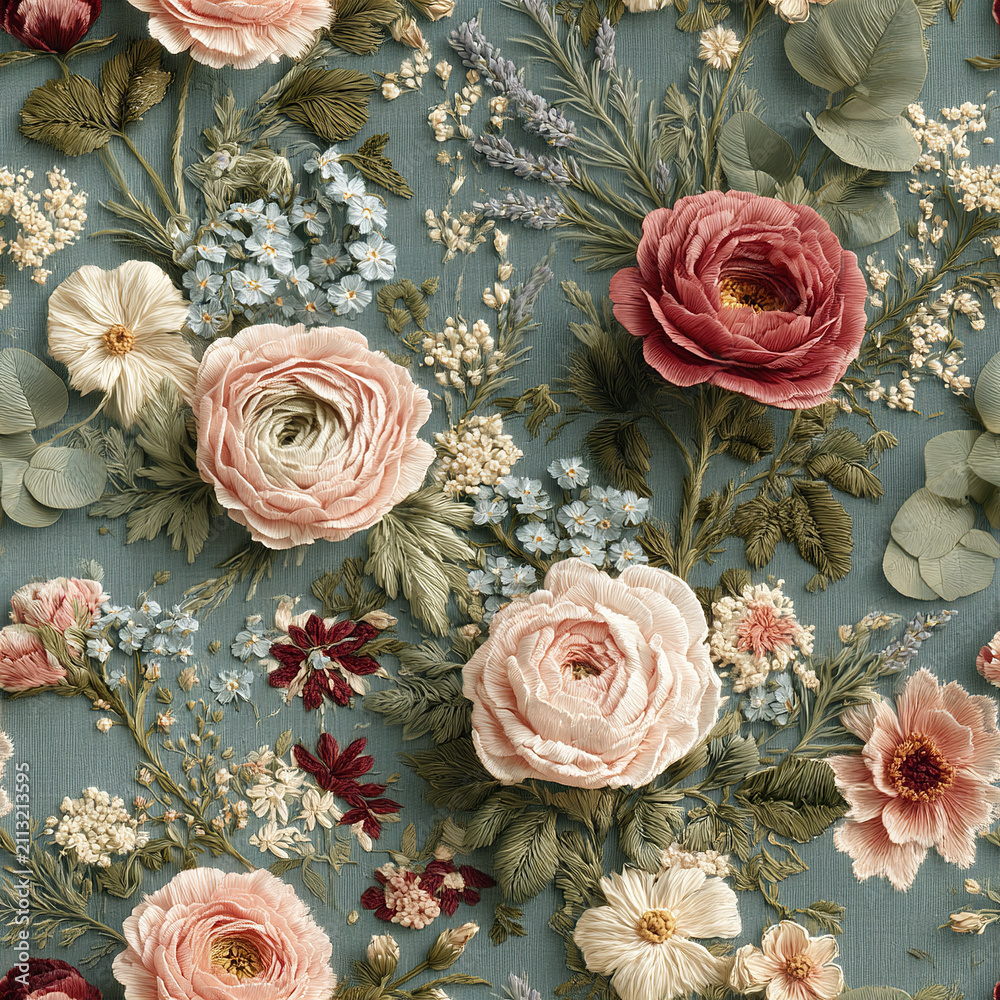 Obraz premium Luxury seamless embroidered wildflower pattern with soft pastel colors and delicate details