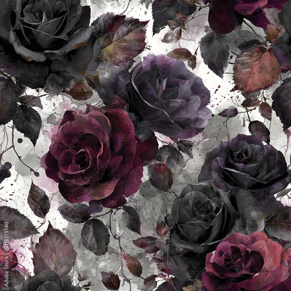 Obraz premium Dark purple and black roses with leaves create moody seamless floral pattern background