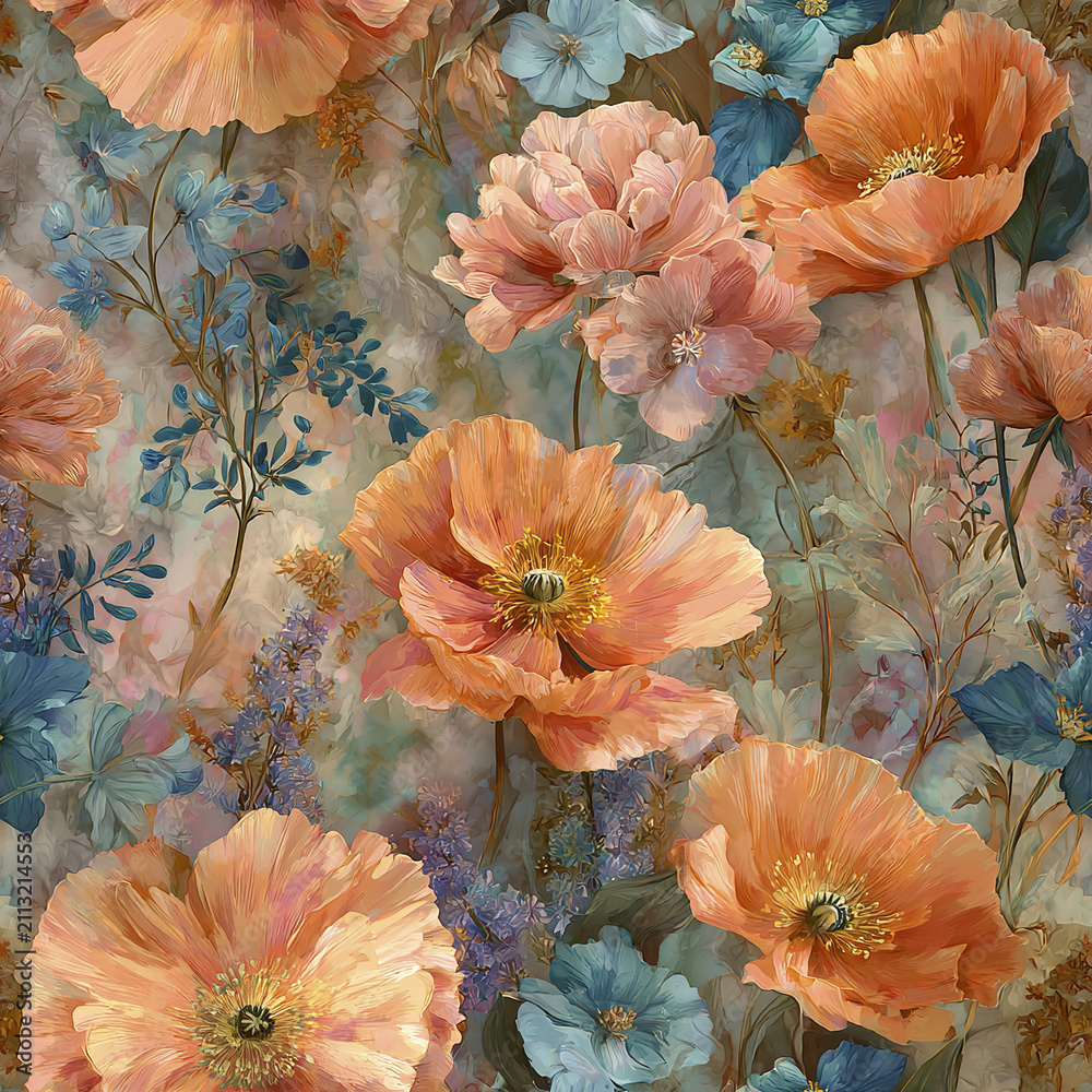 Obraz premium Luxury seamless floral pattern with soft orange and blue flowers creating calm and elegant mood