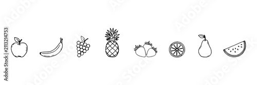 Fruits Set with Detailed Line Drawings, Including Apple, Banana, Grapes, Pineapple, Pear, and Watermelon Slices. Botanical Illustration for Design.