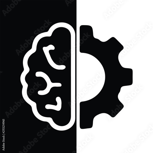 Artificial Intelligence Brain and Gear Icon – AI Automation, Machine Learning and Smart Technology Vector Illustration