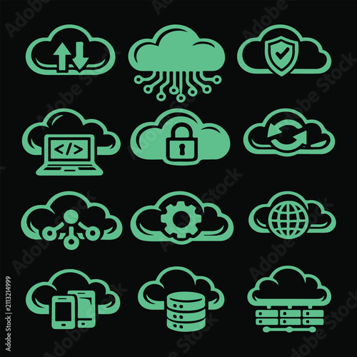 Cloud Computing Icons Set – Cloud Storage, Security, Backup, Database, Network and DevOps Vector Collection