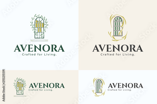 Luxury Interior Design Logo with Arched Window Botanical Emblem Minimalist Brand Identity Vector
