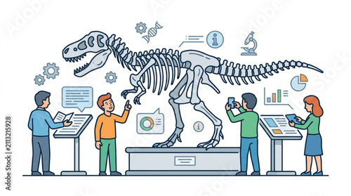 Bild auf Leinwand Team of researchers studying dinosaur skeleton in laboratory.