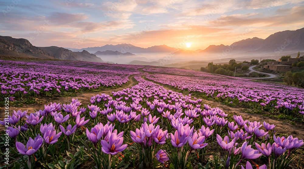 Obraz premium Vast field of blooming purple saffron flowers at sunrise morning, beautiful mountain view and soft mist with dirt path through the field