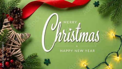 Rustic Christmas Background with Wicker Star, Pine Cones, Evergreen Branches, String Lights and Holiday Greeting Design