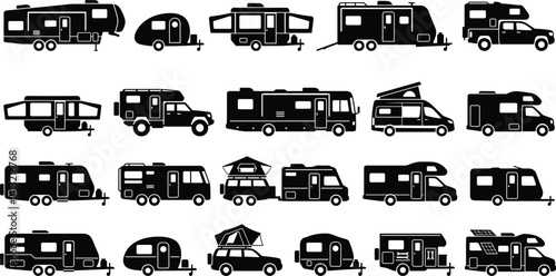 Canvas Print Camper Van and Travel Trailer Silhouette Collection Vector RV Camping Vehicle Ic
