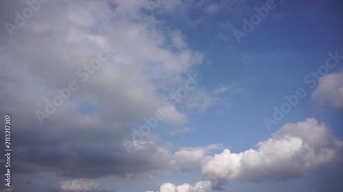 Beautiful scenic view of a bright blue sky filled with fluffy white cumulus clouds on a peaceful day.	