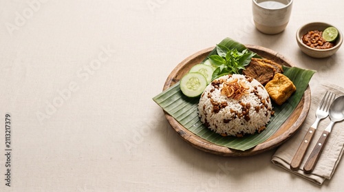 Traditional Sundanese Nasi Tutug Oncom rice mixed with fermented soybean paste, served with fried tofu, meat, sambal, and fresh vegetables with copy space