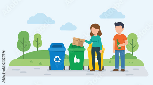 Bild auf Leinwand People sorting waste into recycling bins for environmental protection