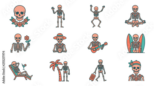 Canvastavla Tropical vacation themed skeleton icons in coral and green.