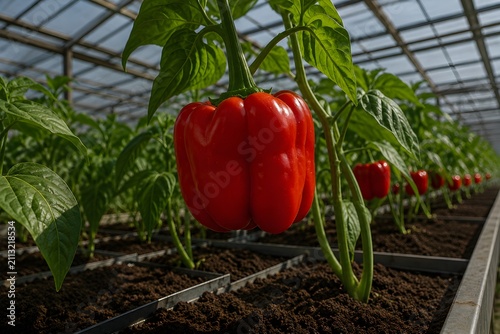 Ripe Red Bell Pepper Growing on Plant in High Tech Greenhouse 