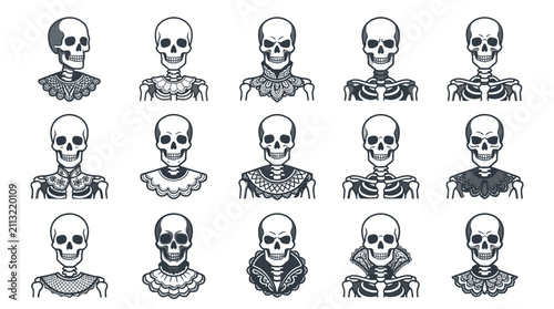 Obraz na płótnie Vintage skeleton busts with Victorian lace collar illustrations