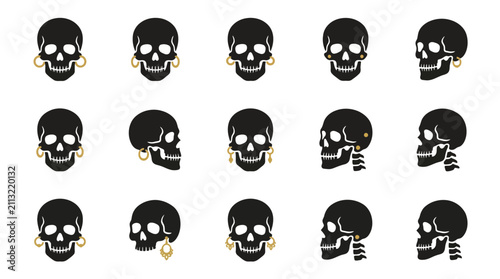 Obraz na plátně Black silhouette skulls with decorative gold earrings set