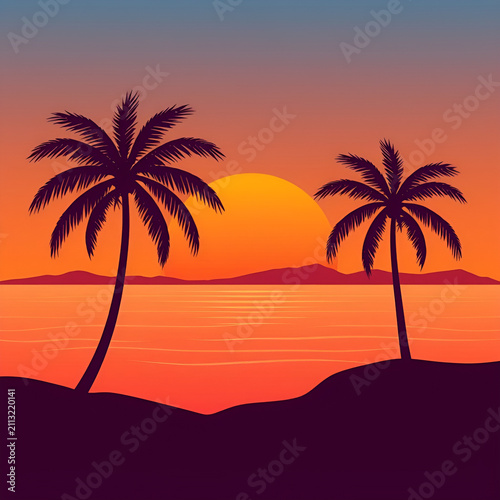 Two Palm Trees Silhouettes Sunset Beach Scenic Landscape Illustration
