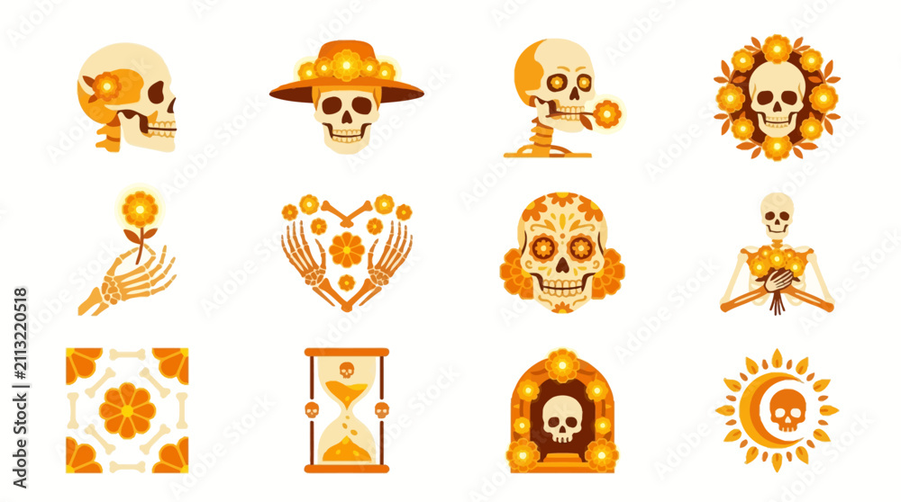 Obraz premium Golden stylized Day of the Dead skeleton icon set