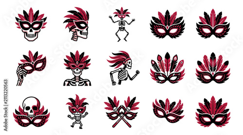 Cuadro en lienzo Maroon carnival masks and feathered skulls.