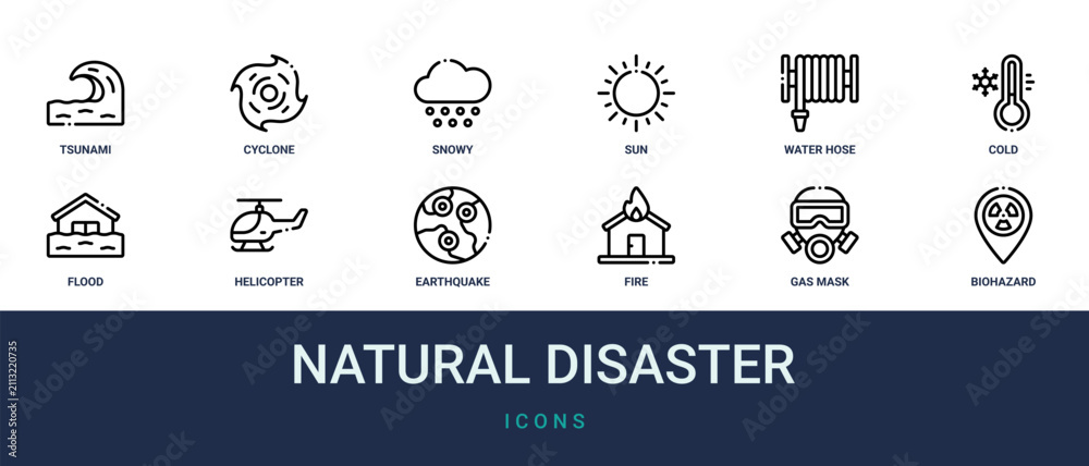 Fototapeta premium Set of 12 outline web Natural Disaster icons such as biohazard, gas mask, fire, earthquake, helicopter, flood, cold vector icons for report, presentation, diagram, web design, mobile app