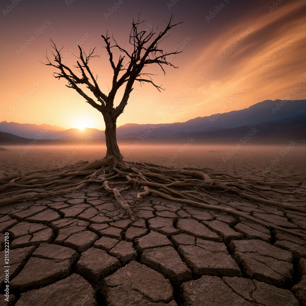 Obraz premium Desert tree dead tree cracked ground dry soil sunset sky mountain range solitary tree arid landscape root system barren land mist twilight silhouette dramatic sky nature landscape erosion drought