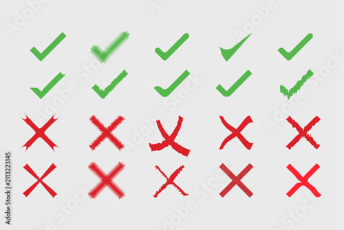 Green check marks and red x marks isolated on a white background positive and negative symbols