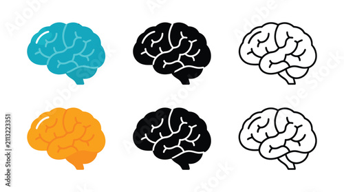 Set of human brain icons in various colors and styles for medical and science design