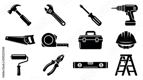 Construction and home improvement tools glyph icon set, black vector symbols for DIY, repair, and renovation