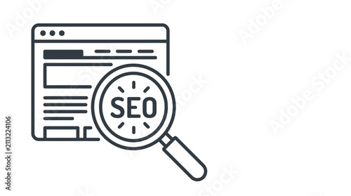 A minimalist line art icon representing search engine optimization with a magnifying glass over a website.