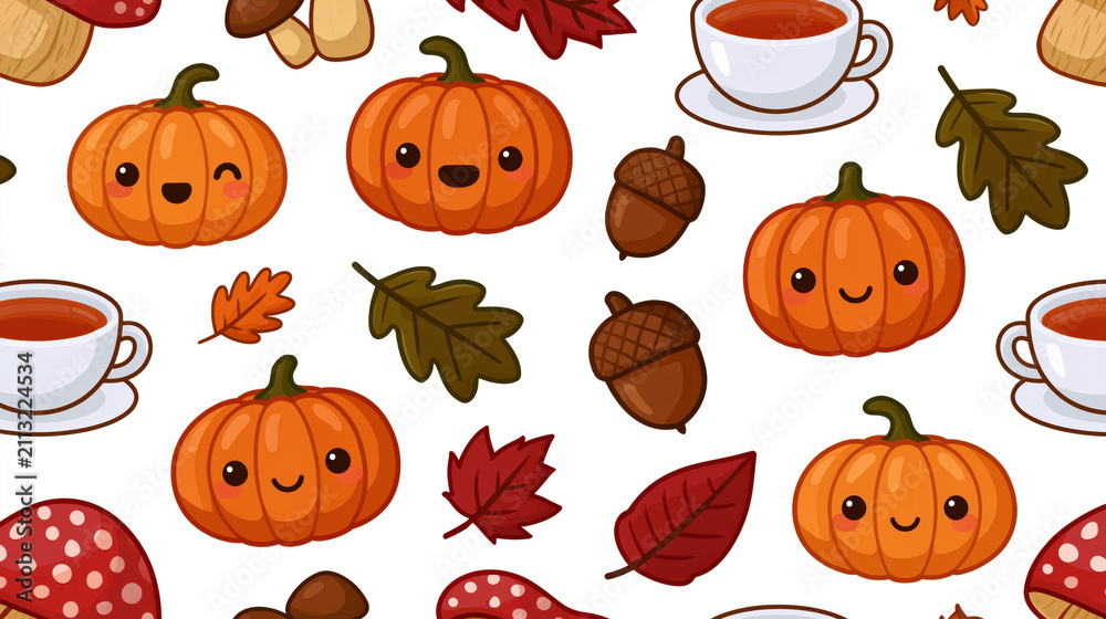 Fototapeta premium Seamless autumn pattern with cute pumpkin, cup, leaf, acorn, and mushroom on white background