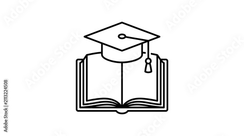 A simple black and white line art icon of a graduation cap resting on an open book.