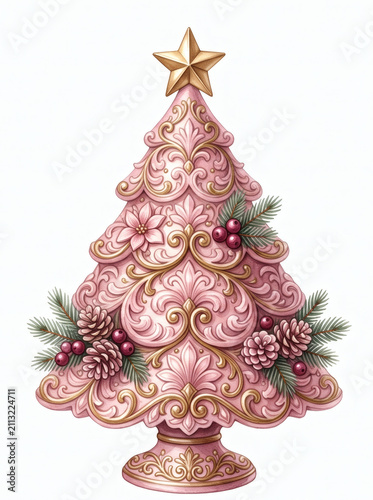Pink ceramic Christmas tree ornament with ornate gold filigree, pinecones, and star topper isolated on white background