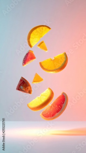 Slices of orange and grapefruit falling in bright light.