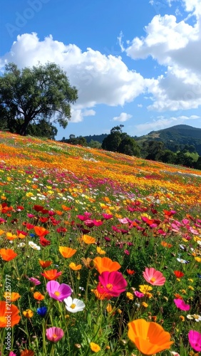 Sloping hillside blanketed in orange and yellow wildflowers.