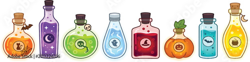 Assorted potion bottles with Halloween symbols during a whimsical celebration on white