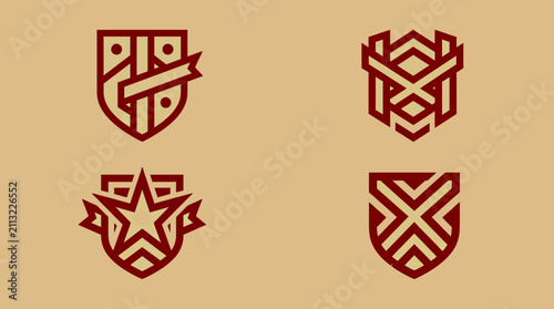 Four red geometric shield crest logos on beige background.