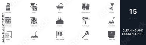 Foto Set of 15 solid Cleaning and Housekeeping icons for dashboards, app screens and website sections