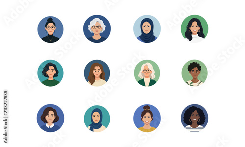 Diverse set of twelve stylized cartoon avatars with varied expressions and ethnic backgrounds for use in ui design