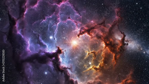 A stunning view of a deep space nebula glowing with vibrant cosmic dust, gas clouds, and bright stars