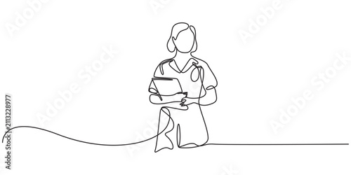Continuous One Line Drawing of Nurse Holding Medical Report Vector, Editable Monoline Healthcare Professional with Patient Document, Minimal Hospital Staff Outline, Isolated Vector Illustration, pro