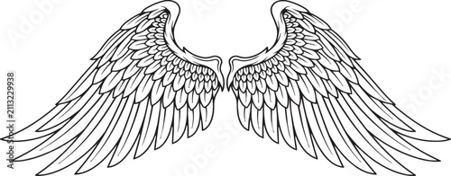 Detailed black and white vector illustration of symmetrical eagle wings design elements on transparent background