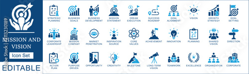 Mission and vision icon set. Featuring core Values, leadership, goals success, and business strategy. Vector icons for strategic planning.